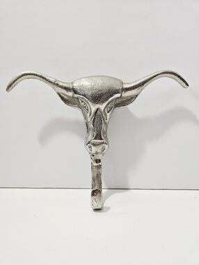 Western Longhorn Steer Wall Hook Pewter Silver Tone Rustic Ranch Decor